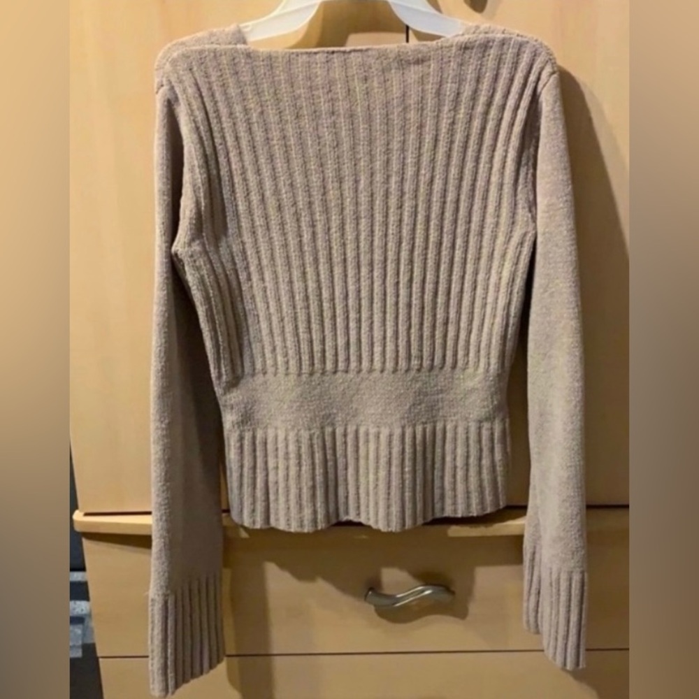 Cozy Tan V-Neck Ribbed Sweater - Picture 2 of 3